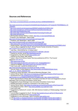 Sources and References

1
    http://www.universityworldnews.com/article.php?story=20090320094558110
2

http://www.economist.com/research/articlesBySubject/displaystory.cfm?subjectid=7933596&story_id=
13432051
3
  http://mdn.mainichi.jp/mdnnews/news/20090421p2a00m0na018000c.html
4
  http://www.foresight.gov.uk/Horizon%20Scanning%20Centre/index.asp
5
  http://www.technologyreview.com/
6
  http://www.btplc.com/Innovation/News/timeline/TechnologyTimeline.pdf
7
  http://www.techcast.org/
8
  UN Population Division Medium variant http://esa.un.org/unpp/p2k0data.asp
9
  Professor John Beddington - March 2009
http://www.thirdeyeconcept.com/news/index.php?page=389
10
   Professor John Beddington - March 2009
http://www.thirdeyeconcept.com/news/index.php?page=389
11
   http://www.grida.no/publications/rr/food-crisis/page/3567.aspx
12
   Wyatt Andrews, http://www.cbsnews.com/stories/2008/02/06/eveningnews/main3799803.shtml
13
   'Leona's Blog' (suggested by Kay E. Strong Futures Faculty University of Houston)
http://systems.tinuum.net/?p=211#comments
14
   Julie Raw - What Will Be the 10 Hottest Jobs?
http://www.time.com/time/magazine/article/0,9171,997028-1,00.html
15
   Inspired by Jennifer Jarratt http://leadingfuturists.biz/
16
   Suggested by Ade McCormack www.auridian.com
17
   Inspired by Amy Oberg, SBC Global
18
   Joyce L Gioia '21st Century Career Planning' published by WFS in 'The Futurist'
Magazine www.wfs.org
19
   http://www.sicsa.uh.edu/
20
   http://www.sicsa.uh.edu/index.php?option=com_frontpage&Itemid=1
21
   Inspired by MSNBC http://www.msnbc.msn.com/id/21154137/
22
   Fast Future staff. Inspired by articles such as
http://www.biomassmagazine.com/article.jsp?article_id=3091
23
   Hannah Clarke, Forbes Magazine http://www.forbes.com/2006/05/20/jobs-future-
work_cx_hc_06work_0523jobs.html
24
   Inspired by Susan McGregor, International Marketing Manager, Coex
25
   Jessica Renee Napier http://www.convergemag.com/workforce/Careers-of-the-Future.html
26
   Synthesized from http://systems.tinuum.net/?p=211 and
http://money.cnn.com/galleries/2007/biz2/0704/gallery.jobs_new_careers.biz2//5.html
27
   WFS's Special Report--Winter 2007--Forecasts for the Next 25 Years and Suggested by Susan
McGregor Coex Convention & Exhibition Center Seoul
28
   Suggested by Susan McGregor Coex Convention & Exhibition Center Seoul
29
   Detailed description provided by a participant in the online survey
30
   Jessica Renee Napier http://www.convergemag.com/workforce/Careers-of-the-Future.html
31
   Time Magazine article, cited in http://www.jobsletter.org.nz/jbl12511.htm
32
   Fast Future staff.
33
   Suggested by Catherine R. Lincoln, CAE, MA American Academy of Otolaryngology--Head and
Neck Surgery
34
   'Leona's Blog' (suggested by Kay E. Strong) http://systems.tinuum.net/?p=211#comments
35
   Suggested by Ade McCormack www.auridian.com
36
   Suggested by Jenny McGregor, Ignite Consulting www.ignite.co.uk
37
   U.N http://www.un.org/apps/news/story.asp?NewsID=30159&Cr=family+planning&Cr1=
38
   U.N http://www.un.org/apps/news/story.asp?NewsID=30159&Cr=family+planning&Cr1=


                                                                                            135
 