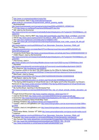 39
   http://www.un.org/esa/population/unpop.htm
40
   The Economist, cited in http://international-financial-
affairs.suite101.com/article.cfm/government_deficits_growing_rapidly
41
   BusinessWeek
http://www.businessweek.com/managing/content/sep2008/ca20080919_403840.htm
42
   U.N http://www.un.org/News/Press/docs/2009/pop970.doc.htm
43
   IMF cited by the Economist
http://www.economist.com/research/articlesBySubject/displaystory.cfm?subjectid=7933596&story_id=
13253151
44
   Ernst & Young, cited by IBEF http://www.ibef.org/artdisplay.aspx?tdy=1&cat_id=60&art_id=21193
45
   OECD http://www.oecd.org/document/11/0,3343,en_2649_33731_40277515_1_1_1_1,00.html
46
   Aon http://aon.mediaroom.com/index.php?s=43&item=1451
47
   GfK http://www.gfk.com/imperia/md/content/significant/press/pd_trust_index_august_08_efin.pdf
48
   Edelman
http://www.edelman.com/trust/2009/docs/Trust_Barometer_Executive_Summary_FINAL.pdf
49
   Grant Thornton
http://www.grantthornton.com/staticfiles/GTCom/files/services/International/IBR%202008%20-
%20CSR%20report.pdf
50
   University World News http://www.universityworldnews.com/article.php?story=20090320094558110
51
   HSBC Report, cited by the Economist
http://www.economist.com/research/articlesBySubject/displaystory.cfm?subjectid=7933596&story_id=
13432051
52
   Pew Survey, cited in
http://www.canada.com/Technology/Mobile+phone+main+tool+2020+survey/1078449/story.html
53
   Randstad
http://www.computerworld.com/action/article.do?command=viewArticleBasic&articleId=336575
54
   EU Observer http://euobserver.com/9/28033
55
   A Guardian article on the April 15th 2009 release by the Office for National Statistics
http://www.guardian.co.uk/society/2009/apr/15/twentysomethings-staying-at-home-social-trends
56
   ManPower, cited by Zawya
www.zawya.com/printstory.cfm?storyid=ZAWYA20090408035942&l=035900090408
57
   CBI Report, cited by the Times
http://www.timeshighereducation.co.uk/story.asp?storyCode=403506&sectioncode=26
58
   The Spring 2009 Snapshot of Virtual World Use in UK Higher and Further Education, by Eduserv.
Retrieved at http://www.scribd.com/doc/12459921/The-Spring-2009-Snapshot-of-Virtual-World-Use-
in-UK-Higher-and-Further-Education
59
   By Cynthia Boyd, reporting in the Minnesota Post
http://www.minnpost.com/stories/2008/06/02/2047/the_rise_of_virtual_schools_divides_education_wo
rld
60
   Insight School Wisconsin http://www.insightwi.net/press_detail.aspx?id=17
61
   Internet World Stats http://www.ovrdrv.com/stats/2008/02/internet-usage-growth.asp
62
   Economist http://www.economist.com/daily/news/displaystory.cfm?story_id=13007996&fsrc=nwl
63
   Estimates provided by Nokia World Map Team
64
   Strategy Analytics http://software.tekrati.com/research/9775/
65
   Uswitch, cited at LinkingMatters.com http://www.linkingmatters.com/uk-ecommerce-to-total-336bn-
by-2020
66
   Uswitch, cited at LinkingMatters.com http://www.linkingmatters.com/uk-ecommerce-to-total-336bn-
by-2020
67                                  th
   Personalize Media, October 19 2009 http://www.personalizemedia.com/garys-social-media-count/
68
   Edelman
http://www.edelman.com/trust/2009/docs/Trust_Barometer_Executive_Summary_FINAL.pdf
69
   Guardian http://www.guardian.co.uk/society/2008/sep/10/voluntarysector.volunteering
70
   Alix Partners http://www.alixpartners.com/en/portals/3/images/New%20Normal%20Survey.pdf
71
   IEA http://www.iea.org/textbase/press/pressdetail.asp?PRESS_REL_ID=239
72
   http://www.timesonline.co.uk/tol/news/uk/health/article6283681.ece



                                                                                              136
 