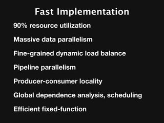 Fast Implementation
90% resource utilization

Massive data parallelism

Fine-grained dynamic load balance

Pipeline parallelism

Producer-consumer locality

Global dependence analysis, scheduling

Efﬁcient ﬁxed-function
 