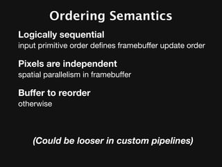 Ordering Semantics
Logically sequential
input primitive order deﬁnes framebuffer update order

Pixels are independent
spatial parallelism in framebuffer

Buffer to reorder
otherwise



    (Could be looser in custom pipelines)
 