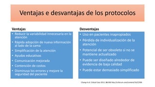 Ventajas e desvantajas de los protocolos
Ventajas
• Reducir la variabilidad innecesaria en la
atención
• Rápida adopción de nueva información
al lado de la cama
• Simplificación de la atención
• Ayudas educativas
• Comunicación mejorada
• Contención de costos
• Disminuya los errores y mejore la
seguridad del paciente
Desventajas
• Uso en pacientes inapropiados
• Pérdida de individualización de la
atención
• Potencial de ser obsoleto si no se
mantiene actualizado
• Puede ser diseñado alrededor de
evidencia de baja calidad
• Puede estar demasiado simplificado
Chang et al. Critical Care 2012, 16:306 http://ccforum.com/content/16/2/306
 