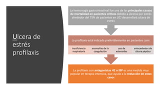 Ulcera de
estrés
proﬁlaxis
La proﬁlaxis con antagonistas H2 o IBP es una medida muy
popular en terapia intensiva, que ayudo a la reducción de estos
casos
La proﬁlaxis está indicada preferiblemente en pacientes com:
insuficiencia
respiratoria
anomalías de la
coagulación
uso de
esteroides
antecedentes de
úlcera pépYca
La hemorragia gastrointesYnal fue una de las principales causas
de mortalidad en pacientes crí?cos debido a úlceras por estrés
alrededor del 75% de pacientes en UCI desarrollará ulcera de
estrés
 