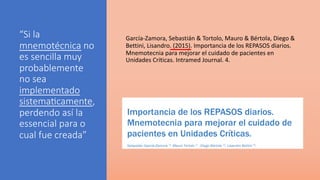 “Si la
mnemotécnica no
es sencilla muy
probablemente
no sea
implementado
sistemaDcamente,
perdendo así la
essencial para o
cual fue creada”
García-Zamora, Sebastián & Tortolo, Mauro & Bértola, Diego &
Bettini, Lisandro. (2015). Importancia de los REPASOS diarios.
Mnemotecnia para mejorar el cuidado de pacientes en
Unidades Críticas. Intramed Journal. 4.
 
