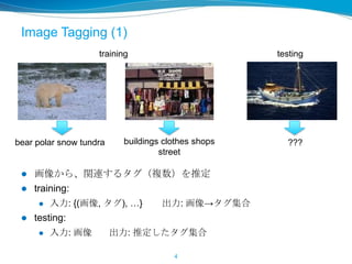 Image Tagging (1)
4
 画像から、関連するタグ（複数）を推定
 training:
 入力: {(画像, タグ), …} 出力: 画像→タグ集合
 testing:
 入力: 画像 出力: 推定したタグ集合
bear polar snow tundra buildings clothes shops
street
???
training testing
 