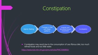 Constipation
 Constipation may result due to the consumption of Less fibrous diet, too much
refined foods and too little water.
https://www.ncbi.nlm.nih.gov/pmc/articles/PMC5066803/
Islamic fasting
Changes in Diet
and Sleep
patterns
Irregular and
decreased bowel
movement
Constipation
 