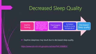 Decreased Sleep Quality
 Daytime sleepiness may result due to decreased sleep quality.
https://www.ncbi.nlm.nih.gov/pmc/articles/PMC5066803/
Islamic
Fasting
Delayed meal time &
High Protein (More
than 50 gm) and
High Calorie (More
than 1200 Kcal) food
at Iftar
Thermogenic
effect
Increased
bedtime body
temperature
Decreased
Sleep quality
 
