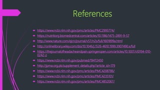 References
 https://www.ncbi.nlm.nih.gov/pmc/articles/PMC2995774/
 https://nutritionj.biomedcentral.com/articles/10.1186/1475-2891-9-57
 http://www.nature.com/ejcn/journal/v57/n2s/full/1601899a.html
 http://onlinelibrary.wiley.com/doi/10.1046/j.1526-4610.1999.3907490.x/full
 https://thejournalofheadacheandpain.springeropen.com/articles/10.1007/s10194-010-
0242-z
 https://www.ncbi.nlm.nih.gov/pubmed/19472450
 http://jpma.org.pk/supplement_details.php?article_id=179
 https://www.ncbi.nlm.nih.gov/pmc/articles/PMC4208786/
 https://www.ncbi.nlm.nih.gov/pmc/articles/PMC4235101/
 https://www.ncbi.nlm.nih.gov/pmc/articles/PMC4852067/
 