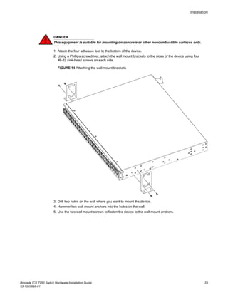 DANGER
This equipment is suitable for mounting on concrete or other noncombustible surfaces only.
1. Attach the four adhesive feet to the bottom of the device.
2. Using a Phillips screwdriver, attach the wall mount brackets to the sides of the device using four
#6-32 sink-head screws on each side.
FIGURE 14 Attaching the wall mount brackets
3. Drill two holes on the wall where you want to mount the device.
4. Hammer two wall mount anchors into the holes on the wall.
5. Use the two wall mount screws to fasten the device to the wall mount anchors.
Installation
Brocade ICX 7250 Switch Hardware Installation Guide 29
53-1003898-01
 