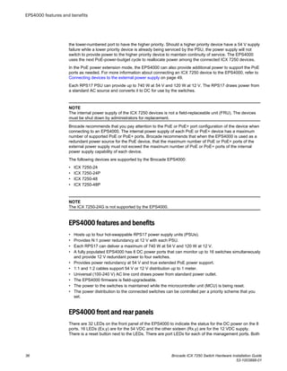 the lower-numbered port to have the higher priority. Should a higher priority device have a 54 V supply
failure while a lower priority device is already being serviced by the PSU, the power supply will not
switch to provide power to the higher priority device to maintain continuity of service. The EPS4000
uses the next PoE-power-budget cycle to reallocate power among the connected ICX 7250 devices.
In the PoE power extension mode, the EPS4000 can also provide additional power to support the PoE
ports as needed. For more information about connecting an ICX 7250 device to the EPS4000, refer to
Connecting devices to the external power supply on page 49.
Each RPS17 PSU can provide up to 740 W at 54 V and 120 W at 12 V. The RPS17 draws power from
a standard AC source and converts it to DC for use by the switches.
NOTE
The internal power supply of the ICX 7250 devices is not a field-replaceable unit (FRU). The devices
must be shut down by administrators for replacement.
Brocade recommends that you pay attention to the PoE or PoE+ port configuration of the device when
connecting to an EPS4000. The internal power supply of each PoE or PoE+ device has a maximum
number of supported PoE or PoE+ ports. Brocade recommends that when the EPS4000 is used as a
redundant power source for the PoE device, that the maximum number of PoE or PoE+ ports of the
external power supply must not exceed the maximum number of PoE or PoE+ ports of the internal
power supply capability of each device.
The following devices are supported by the Brocade EPS4000:
• ICX 7250-24
• ICX 7250-24P
• ICX 7250-48
• ICX 7250-48P
NOTE
The ICX 7250-24G is not supported by the EPS4000.
EPS4000 features and benefits
• Hosts up to four hot-swappable RPS17 power supply units (PSUs).
• Provides N:1 power redundancy at 12 V with each PSU.
• Each RPS17 can deliver a maximum of 740 W at 54 V and 120 W at 12 V.
• A fully populated EPS4000 has 8 DC power ports that can monitor up to 16 switches simultaneously
and provide 12 V redundant power to four switches.
• Provides power redundancy at 54 V and true extended PoE power support.
• 1:1 and 1:2 cables support 54 V or 12 V distribution up to 1 meter.
• Universal (100-240 V) AC line cord draws power from standard power outlet.
• The EPS4000 firmware is field-upgradeable.
• The power to the switches is maintained while the microcontroller unit (MCU) is being reset.
• The power distribution to the connected switches can be controlled per a priority scheme that you
set.
EPS4000 front and rear panels
There are 32 LEDs on the front panel of the EPS4000 to indicate the status for the DC power on the 8
ports. 16 LEDs (Ex.y) are for the 54 VDC and the other sixteen (Rx.y) are for the 12 VDC supply.
There is a reset button next to the LEDs. There are port LEDs for each of the management ports. Both
EPS4000 features and benefits
36 Brocade ICX 7250 Switch Hardware Installation Guide
53-1003898-01
 