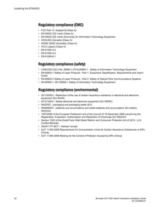 Regulatory compliance (EMC)
• FCC Part 15, Subpart B (Class A)
• EN 55022 (CE mark) (Class A)
• EN 55024 (CE mark) (Immunity) for Information Technology Equipment
• ICES-003 (Canada) (Class A)
• AS/NZ 55022 (Australia) (Class A)
• VCCI (Japan) (Class A)
• EN 61000-3-2
• EN 61000-3-3
• EN 61000-6-1
Regulatory compliance (safety)
• CAN/CSA-C22.2 No. 60950-1-07/UL60950-1 - Safety of Information Technology Equipment
• EN 60825-1 Safety of Laser Products - Part 1: Equipment Classification, Requirements and User's
Guide
• EN 60825-2 Safety of Laser Products - Part 2: Safety of Optical Fibre Communications Systems
• EN 60950-1, IEC 60950-1 Safety of Information Technology Equipment
Regulatory compliance (environmental)
• 2011/65/EU - Restriction of the use of certain hazardous substance in electrical and electronic
equipment (EU RoHS)
• 2012/19/EU - Waste electrical and electronic equipment (EU WEEE)
• 94/62/EC - packaging and packaging waste (EU)
• 2006/66/EC - batteries and accumulators and waste batteries and accumulators (EU battery
directive)
• 1907/2006 of the European Parliament and of the Council of 18 December 2006 concerning the
Registration, Evaluation, Authorisation and Restriction of Chemicals (EU REACH)
• Section 1502 of the Dodd-Frank Wall Street Reform and Consumer Protection Act of 2010 - U.S.
Conflict Minerals
• 30/2011/TT-BCT - Vietnam circular
• SJ/T 11363-2006 Requirements for Concentration Limits for Certain Hazardous Substances in EIPs
(China)
• SJ/T 11364-2006 Marking for the Control of Pollution Caused by EIPs (China)
Installing the EPS4000
52 Brocade ICX 7250 Switch Hardware Installation Guide
53-1003898-01
 