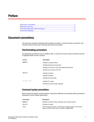 Preface
● Document conventions......................................................................................................7
● Brocade resources............................................................................................................9
● Contacting Brocade Technical Support.............................................................................9
● Document feedback........................................................................................................ 10
Document conventions
The document conventions describe text formatting conventions, command syntax conventions, and
important notice formats used in Brocade technical documentation.
Text formatting conventions
Text formatting conventions such as boldface, italic, or Courier font may be used in the flow of the text
to highlight specific words or phrases.
Format Description
bold text Identifies command names
Identifies keywords and operands
Identifies the names of user-manipulated GUI elements
Identifies text to enter at the GUI
italic text Identifies emphasis
Identifies variables
Identifies document titles
Courier font Identifies CLI output
Identifies command syntax examples
Command syntax conventions
Bold and italic text identify command syntax components. Delimiters and operators define groupings of
parameters and their logical relationships.
Convention Description
bold text Identifies command names, keywords, and command options.
italic text Identifies a variable.
value In Fibre Channel products, a fixed value provided as input to a command
option is printed in plain text, for example, --show WWN.
Brocade ICX 7250 Switch Hardware Installation Guide 7
53-1003898-01
 