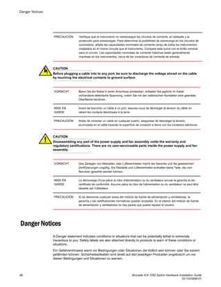 PRECAUCIÓN Verifique que el instrumento no sobrecargue los circuitos de corriente, el cableado y la
protección para sobrecargas. Para determinar la posibilidad de sobrecarga en los circuitos de
suministros, añada las capacidades nominales de corriente (amp) de todos los instrumentos
instalados en el mismo circuito que el instrumento. Compare esta suma con el límite nominal
para el circuito. Las capacidades nominales de corriente máximas están generalmente
impresas en los instrumentos, cerca de los conectores de corriente de entrada.
CAUTION
Before plugging a cable into to any port, be sure to discharge the voltage stored on the cable
by touching the electrical contacts to ground surface.
VORSICHT Bevor Sie ein Kabel in einen Anschluss einstecken, entladen Sie jegliche im Kabel
vorhandene elektrische Spannung, indem Sie mit den elektrischen Kontakten eine geerdete
Oberfläche berühren.
MISE EN
GARDE
Avant de brancher un câble à un port, assurez-vous de décharger la tension du câble en
reliant les contacts électriques à la terre.
PRECAUCIÓN Antes de conectar un cable en cualquier puerto, asegúrese de descargar la tensión
acumulada en el cable tocando la superficie de conexión a tierra con los contactos eléctricos.
CAUTION
Disassembling any part of the power supply and fan assembly voids the warranty and
regulatory certifications. There are no user-serviceable parts inside the power supply and fan
assembly.
VORSICHT Das Zerlegen von Netzteilen oder Lüftereinheiten macht die Garantie und die gesetzlichen
Zertifizierungen ungültig. Die Netzteile und Lüftereinheiten enthalten keine Teile, die vom
Benutzer gewartet werden können.
MISE EN
GARDE
Le démontage d'une pièce du bloc d'alimentation ou du ventilateur annule la garantie et les
certificats de conformité. Aucune pièce du bloc de l'alimentation ou du ventilateur ne peut être
réparée par l'utilisateur.
PRECAUCIÓN Si se desmonta cualquier pieza del módulo de fuente de alimentación y ventiladores, la
garantía y las certificaciones normativas quedan anuladas. En el interior del módulo de fuente
de alimentación y ventiladores no hay piezas que pueda reparar el usuario.
Danger Notices
A Danger statement indicates conditions or situations that can be potentially lethal or extremely
hazardous to you. Safety labels are also attached directly to products to warn of these conditions or
situations.
Ein Gefahrenhinweis warnt vor Bedingungen oder Situationen die tödlich sein können oder Sie extrem
gefährden können. Sicherheitsetiketten sind direkt auf den jeweiligen Produkten angebracht um vor
diesen Bedingungen und Situationen zu warnen.
Danger Notices
96 Brocade ICX 7250 Switch Hardware Installation Guide
53-1003898-01
 