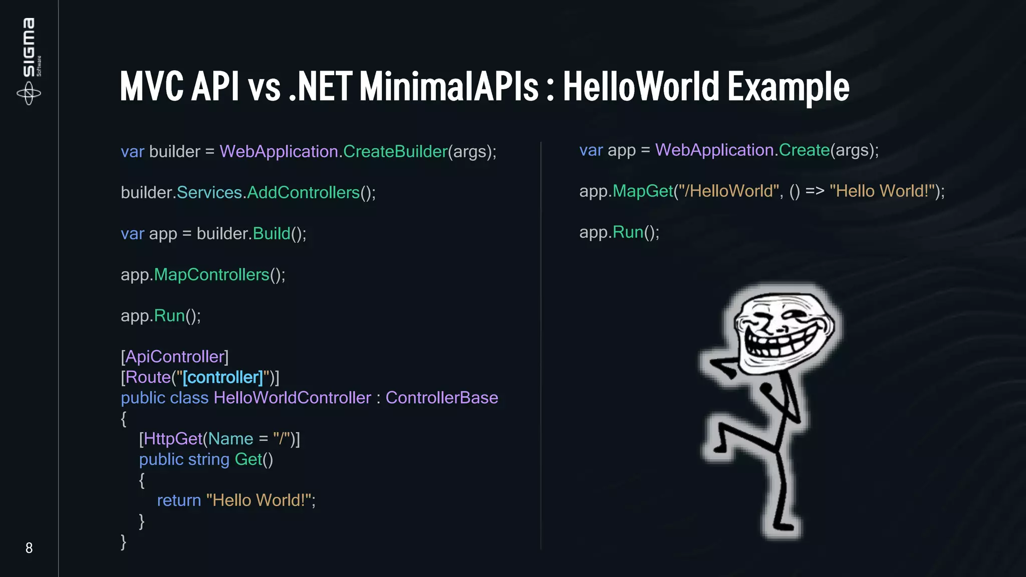 var app = WebApplication.Create(args);
app.MapGet("/HelloWorld", () => "Hello World!");
app.Run();
var builder = WebApplication.CreateBuilder(args);
builder.Services.AddControllers();
var app = builder.Build();
app.MapControllers();
app.Run();
[ApiController]
[Route("[controller]")]
public class HelloWorldController : ControllerBase
{
[HttpGet(Name = "/")]
public string Get()
{
return "Hello World!";
}
}
 