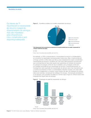 Figura 3. A tendência voltada a um modelo orquestrador de serviços. 
Fonte: Cisco Consulting Services/GMI, abril de 2014 
Na realidade, os CIOs compreenderam a necessidade de diminuir a complexidade e se concentrar na capacitação da empresa para muitos anos. Mas a maioria ainda tem um longo caminho a trilhar antes que eles ou seus departamentos sejam considerados orquestradores de serviços. Os líderes de TI da nossa última pesquisa reconheceram que a principal área em que estão aquém das expectativas do restante da empresa é a geração de inovação comercial. Isso é revelador, pois a inovação comercial é um resultado primordial da boa orquestração de serviços. Surpreendentemente, ao investigarmos sobre qual estilo de orquestração de serviços seria mais importante para o sucesso da empresa no futuro, os entrevistados indicaram funções com maior valor focadas em engajamento e inovação. Essas funções vão além da mediação de serviços básica (por exemplo, manutenção de catálogos de serviços, “terceirização estratégica”) ou da atuação como guardião de políticas e normas (veja a Figura 4), embora esses itens inegavelmente façam parte da equação. 
Figura 4. Visualização do papel de orquestrador de serviços. 
Fonte: Cisco Consulting Services/GMI, abril de 2014 
Resultados do estudo 
Os líderes de TI reconhecem a necessidade de assumir o papel de orquestradores de serviços, mas são impedidos pela infraestrutura cara, complicada e sem segurança adequada. 
Página 7 © 2014 Cisco e/ou suas afiliadas. Todos os direitos reservados.  