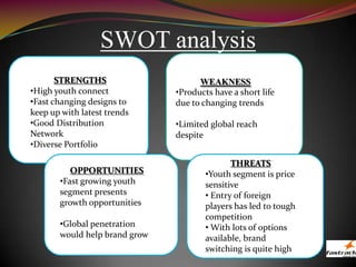 SWOT analysis
STRENGTHS
•High youth connect
•Fast changing designs to
keep up with latest trends
•Good Distribution
Network
•Diverse Portfolio
WEAKNESS
•Products have a short life
due to changing trends
•Limited global reach
despite
OPPORTUNITIES
•Fast growing youth
segment presents
growth opportunities
•Global penetration
would help brand grow
THREATS
•Youth segment is price
sensitive
• Entry of foreign
players has led to tough
competition
• With lots of options
available, brand
switching is quite high
 