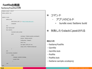 Copyright © DeNA Co.,Ltd. All Rights Reserved.
Fastfileの用意
fastlane_version "1.105.3”
default_platform :ios
platform :ios do
before_all do
ENV[“SLACK_URL”] || = https://hooks.slack.com/..
cocoapods
end
desc ”build ipa file”
lane :build do
increment_build_number
gym(
workspace: “fastlane-sample.xcworkspace",
scheme: ”fastlane-sample",
configuration: ”Release",
clean: true,
use_legacy_build_api: true,
output_name: ”fastlane-sample.ipa",
)
end
error do |lane, exception|
slack(
message: exception.message,
success: false
)
end
end
fastlane/Fastfileの例
 コマンド
⁃ アプリのビルド
• bundle exec fastlane build
 失敗したらslackにpostされる
構成の例
- fastlane/Fastfile
- Gemfile
- Gemfile.lock
- Podfile
- Podfile.lock
- fastlane-sample.xcodeproj
 