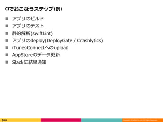 Copyright © DeNA Co.,Ltd. All Rights Reserved.
CIでおこなうステップ(例)
 アプリのビルド
 アプリのテスト
 静的解析(swiftLint)
 アプリのdeploy(DeployGate / Crashlytics)
 iTunesConnectへのupload
 AppStoreのデータ更新
 Slackに結果通知
 