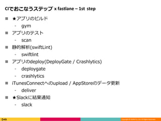 Copyright © DeNA Co.,Ltd. All Rights Reserved.
CIでおこなうステップ x fastlane – 1st step
 ★アプリのビルド
⁃ gym
 アプリのテスト
⁃ scan
 静的解析(swiftLint)
⁃ swiftlint
 アプリのdeploy(DeployGate / Crashlytics)
⁃ deploygate
⁃ crashlytics
 iTunesConnectへのupload / AppStoreのデータ更新
⁃ deliver
 ★Slackに結果通知
⁃ slack
 