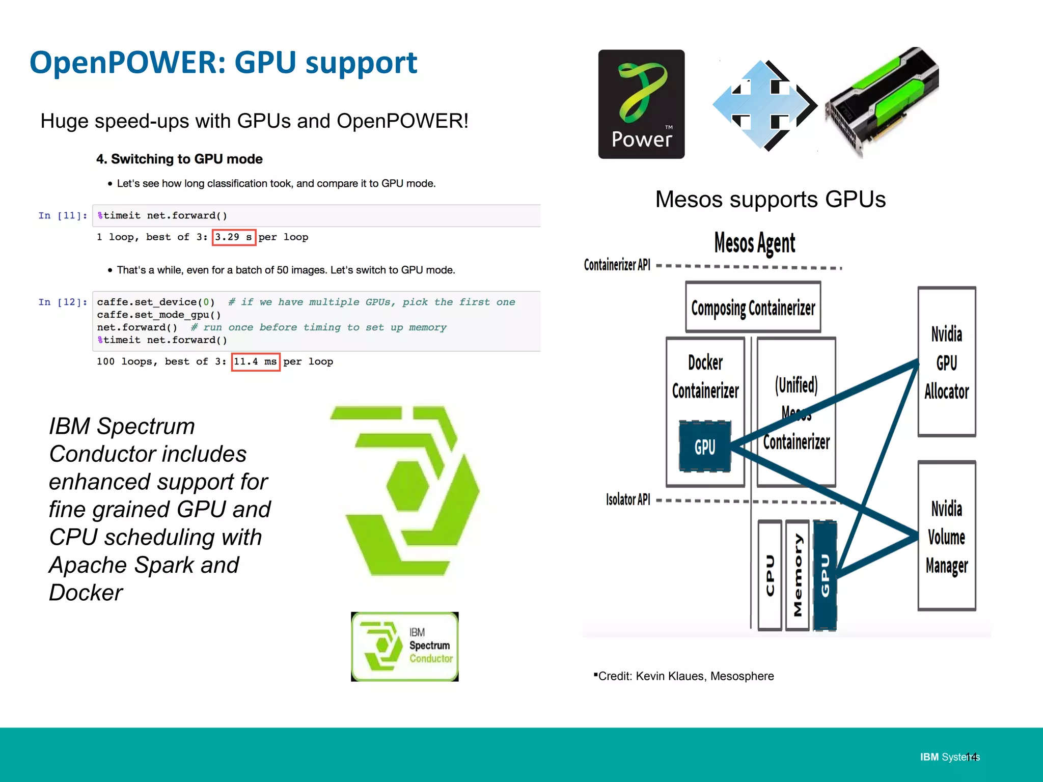IBM Systems
OpenPOWER: GPU support
14
Credit: Kevin Klaues, Mesosphere
IBM Spectrum
Conductor includes
enhanced support for
fine grained GPU and
CPU scheduling with
Apache Spark and
Docker
Mesos supports GPUs
Huge speed-ups with GPUs and OpenPOWER!
 