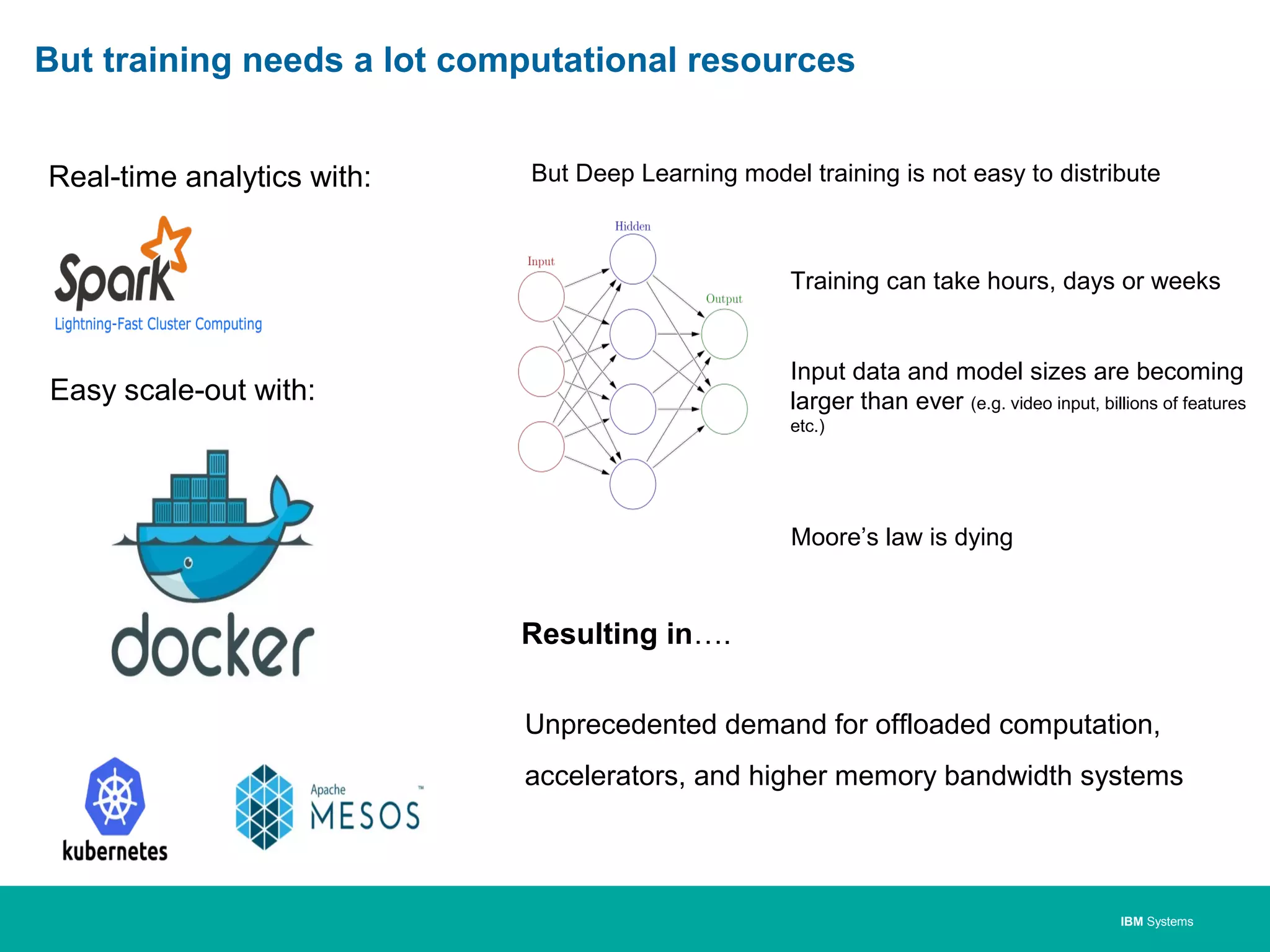 IBM Systems
But training needs a lot computational resources
Easy scale-out with:
But Deep Learning model training is not easy to distribute
Training can take hours, days or weeks
Input data and model sizes are becoming
larger than ever (e.g. video input, billions of features
etc.)
Real-time analytics with:
Unprecedented demand for offloaded computation,
accelerators, and higher memory bandwidth systems
Resulting in….
Moore’s law is dying
 