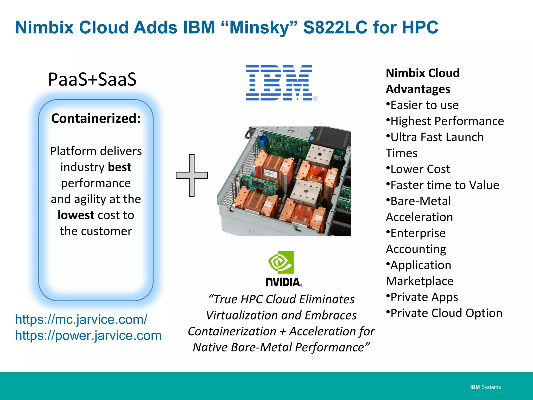 IBM Systems
Nimbix Cloud Adds IBM “Minsky” S822LC for HPC
PaaS+SaaS
Containerized:
Platform delivers
industry best
performance
and agility at the
lowest cost to
the customer
“True HPC Cloud Eliminates
Virtualization and Embraces
Containerization + Acceleration for
Native Bare-Metal Performance”
Nimbix Cloud
Advantages
•Easier to use
•Highest Performance
•Ultra Fast Launch
Times
•Lower Cost
•Faster time to Value
•Bare-Metal
Acceleration
•Enterprise
Accounting
•Application
Marketplace
•Private Apps
•Private Cloud Option
https://mc.jarvice.com/
https://power.jarvice.com
 