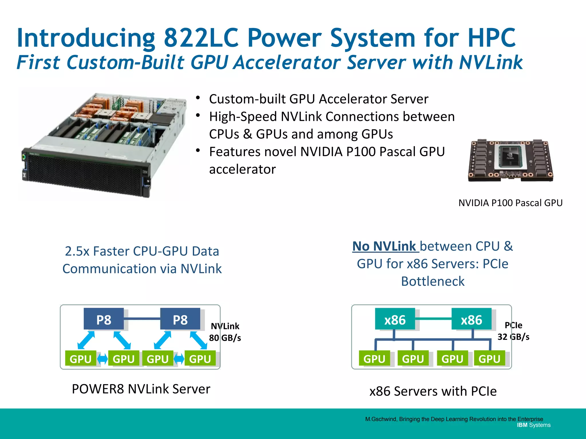 IBM Systems
Introducing 822LC Power System for HPC
First Custom-Built GPU Accelerator Server with NVLink
2.5x Faster CPU-GPU Data
Communication via NVLink
NVLink
80 GB/s
GPUGPU
P8P8
GPUGPU GPUGPU
P8P8
GPUGPU
PCIe
32 GB/s
GPUGPU
x86x86
GPUGPU GPUGPU
x86x86
GPUGPU
No NVLink between CPU &
GPU for x86 Servers: PCIe
Bottleneck
NVIDIA P100 Pascal GPU
POWER8 NVLink Server x86 Servers with PCIe
• Custom-built GPU Accelerator Server
• High-Speed NVLink Connections between
CPUs & GPUs and among GPUs
• Features novel NVIDIA P100 Pascal GPU
accelerator
M.Gschwind, Bringing the Deep Learning Revolution into the Enterprise
 