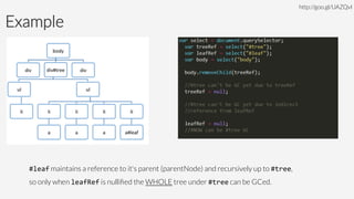 Example
http://goo.gl/UAZQvl
#leaf maintains a reference to it's parent (parentNode) and recursively up to #tree, 
so only when leafRef is nulliﬁed the WHOLE tree under #tree can be GCed. 
 