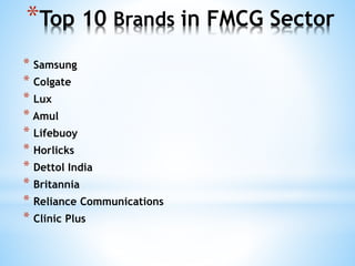*Top 10 Brands in FMCG Sector
* Samsung
* Colgate
* Lux
* Amul
* Lifebuoy
* Horlicks
* Dettol India
* Britannia
* Reliance Communications
* Clinic Plus
 