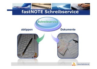 Logo
fastNOTE Schreibservice



abtippen       Dokumente




                           www.fastnote.de
 