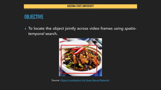 ARIZONA STATE UNIVERSITY
OBJECTIVE
▸ To locate the object jointly across video frames using
spatiotemporal search.
Source: Object Localization Via Deep Neural Network
 