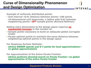 Curse of Dimensionality Phenomenon
 and Design Optimization
       Example of uniformly distributed points:
       - Unit interval—0.01 distance between points—100 points
       - 10-dimensional unit hypercube, a lattice with 0.01 between
         neighboring points—1020 sample points (Richard Bellman)

       Adding extra dimensions to the design space requires an
         exponential increase in the number of:
        Sample points necessary to build an adequate global surrogate
         model
        Pareto optimal points to maintain the same distance between
         neighboring optimal points in the design space

       For Response Surface Methods:
       - eArtius DDRSM spends just 0-7 points for local approximations—
         no global approximations

       For Approximation of the Entire Pareto Frontier:
       - eArtius performs directed search on Pareto Frontier—no global
         approximation of the entire Pareto frontier

©Copyright eArtius Inc 2011 All Rights Reserved
                                              Equipment Products Division   15
 