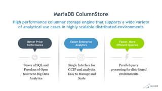 MariaDB ColumnStore
High performance columnar storage engine that supports a wide variety
of analytical use cases in highl...