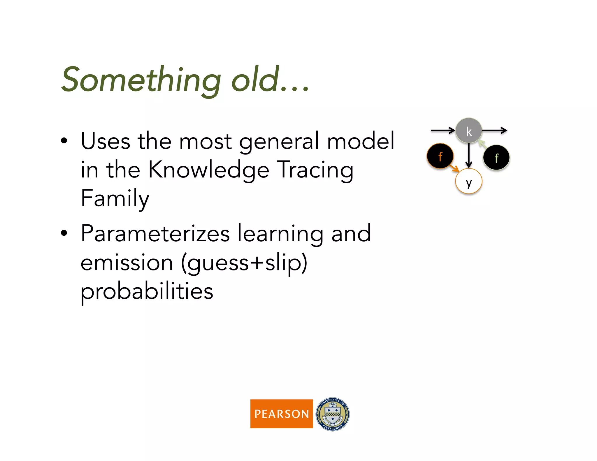 Something old…
k	
  
y	
  
f	
  f	
  
•  Uses the most general model
in the Knowledge Tracing
Family
•  Parameterizes learning and
emission (guess+slip)
probabilities
 