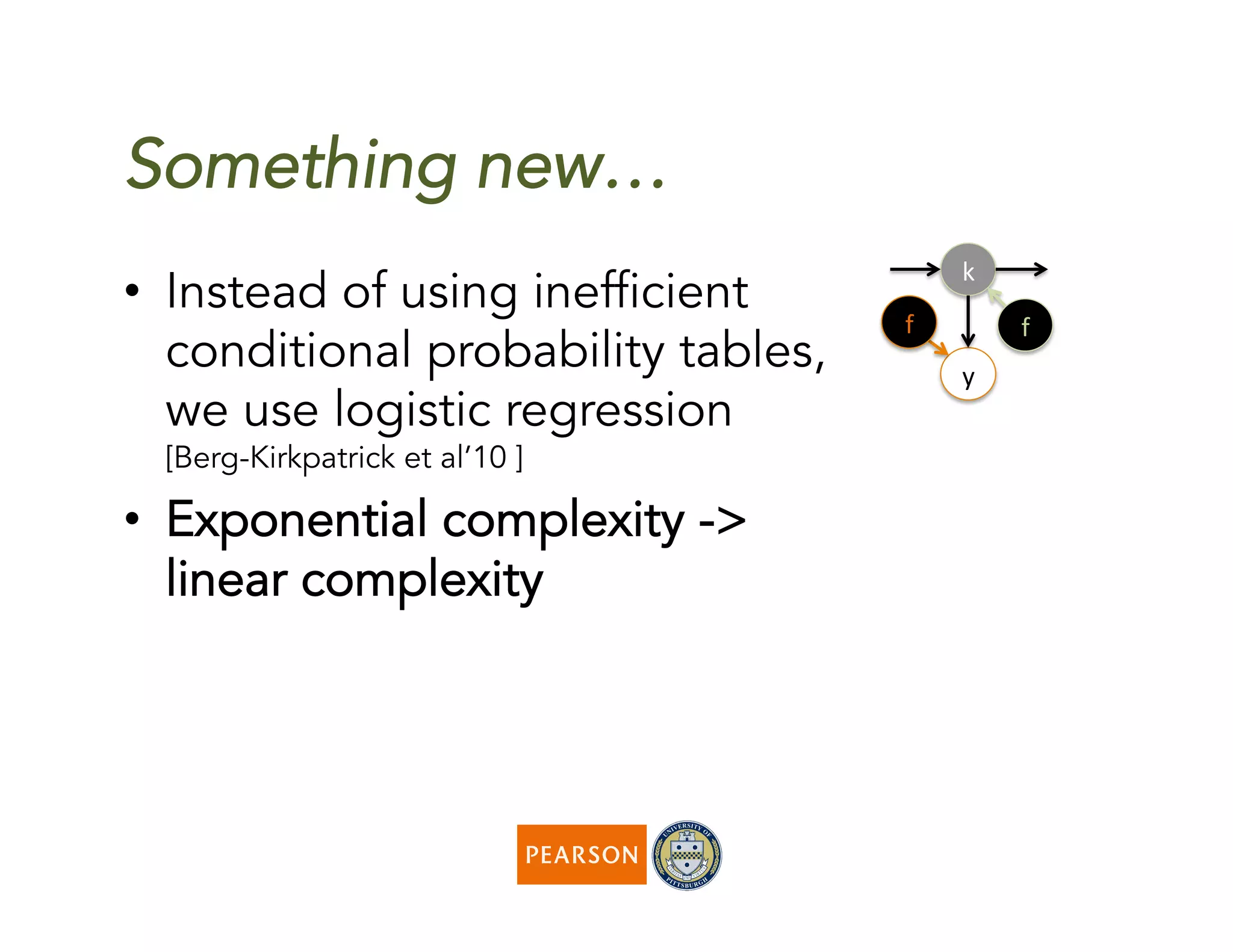 Something new…
k	
  
y	
  
f	
  f	
  
•  Instead of using inefficient
conditional probability tables,
we use logistic regression
[Berg-Kirkpatrick et al’10 ]
•  Exponential complexity ->
linear complexity
 