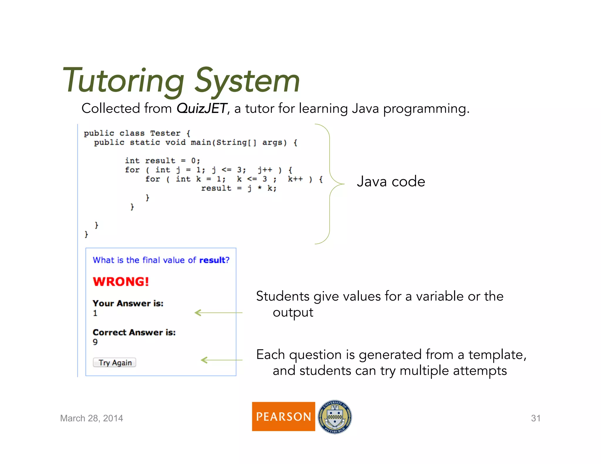 Collected from QuizJET, a tutor for learning Java programming.
March 28, 2014 31
Each question is generated from a template,
and students can try multiple attempts
Students give values for a variable or the
output
Java code
Tutoring System
 