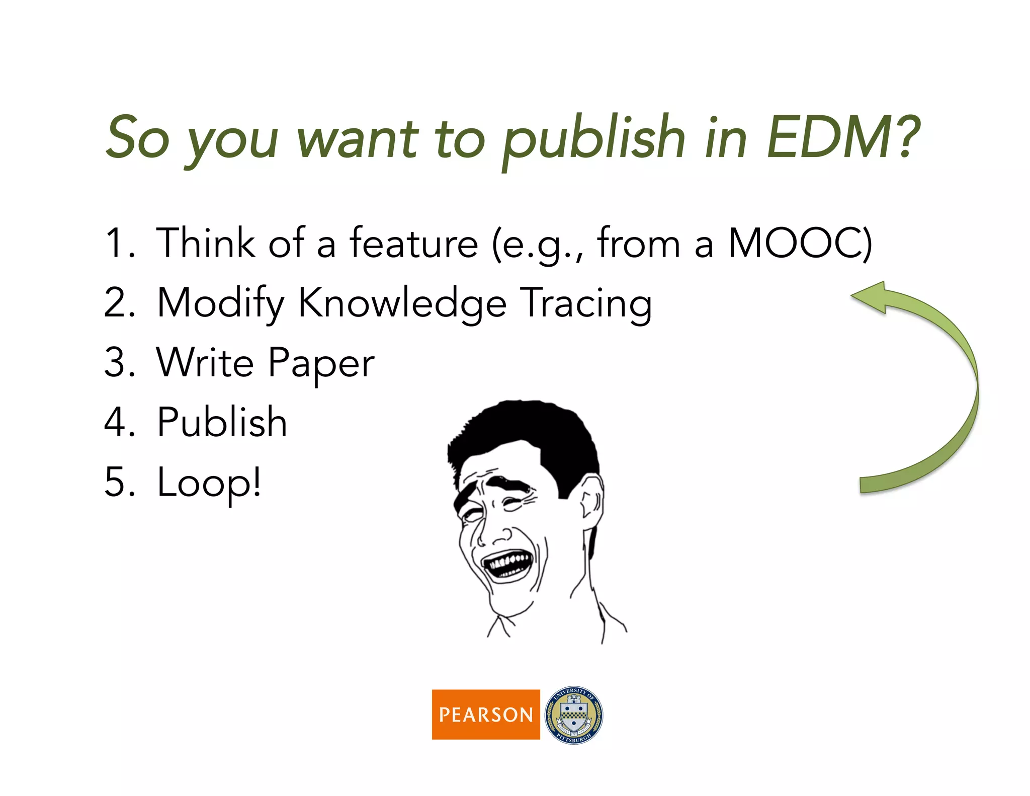 So you want to publish in EDM?
1.  Think of a feature (e.g., from a MOOC)
2.  Modify Knowledge Tracing
3.  Write Paper
4.  Publish
5.  Loop!
 