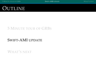 5 MINUTE TOUR OF GRBS SWIFT-AMI UPDATE WHAT’S NEXT
OUTLINE
5 MINUTE TOUR OF GRBS
SWIFT-AMI UPDATE
WHAT’S NEXT
 