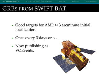 THE 4 PI SKY PROJECT A QUICK INTRODUCTION TO GRBS SYSTEM RESULTS FUTURE WORK
GRBS FROM SWIFT BAT
Good targets for AMI: ≈ 3...