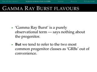 THE 4 PI SKY PROJECT A QUICK INTRODUCTION TO GRBS SYSTEM RESULTS FUTURE WORK
GAMMA RAY BURST FLAVOURS
‘Gamma Ray Burst’ is...