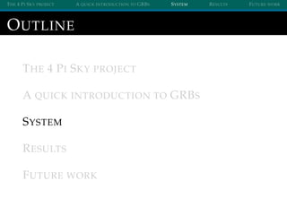 THE 4 PI SKY PROJECT A QUICK INTRODUCTION TO GRBS SYSTEM RESULTS FUTURE WORK
OUTLINE
THE 4 PI SKY PROJECT
A QUICK INTRODUC...