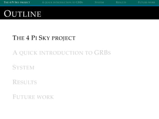 THE 4 PI SKY PROJECT A QUICK INTRODUCTION TO GRBS SYSTEM RESULTS FUTURE WORK
OUTLINE
THE 4 PI SKY PROJECT
A QUICK INTRODUC...