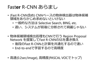 Faster R-CNN あらまし
• (Fast R-CNN含め) CNNベースの物体検出器は物体候補
領域をあらかじめ求めないといけない
• 一般的な方法は Selective Search, BING, etc.
• 遅い、システムが前後...