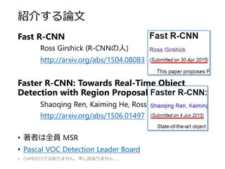 紹介する論文
Fast R-CNN
Ross Girshick (R-CNNの人)
http://arxiv.org/abs/1504.08083
Faster R-CNN: Towards Real-Time Object
Detection...