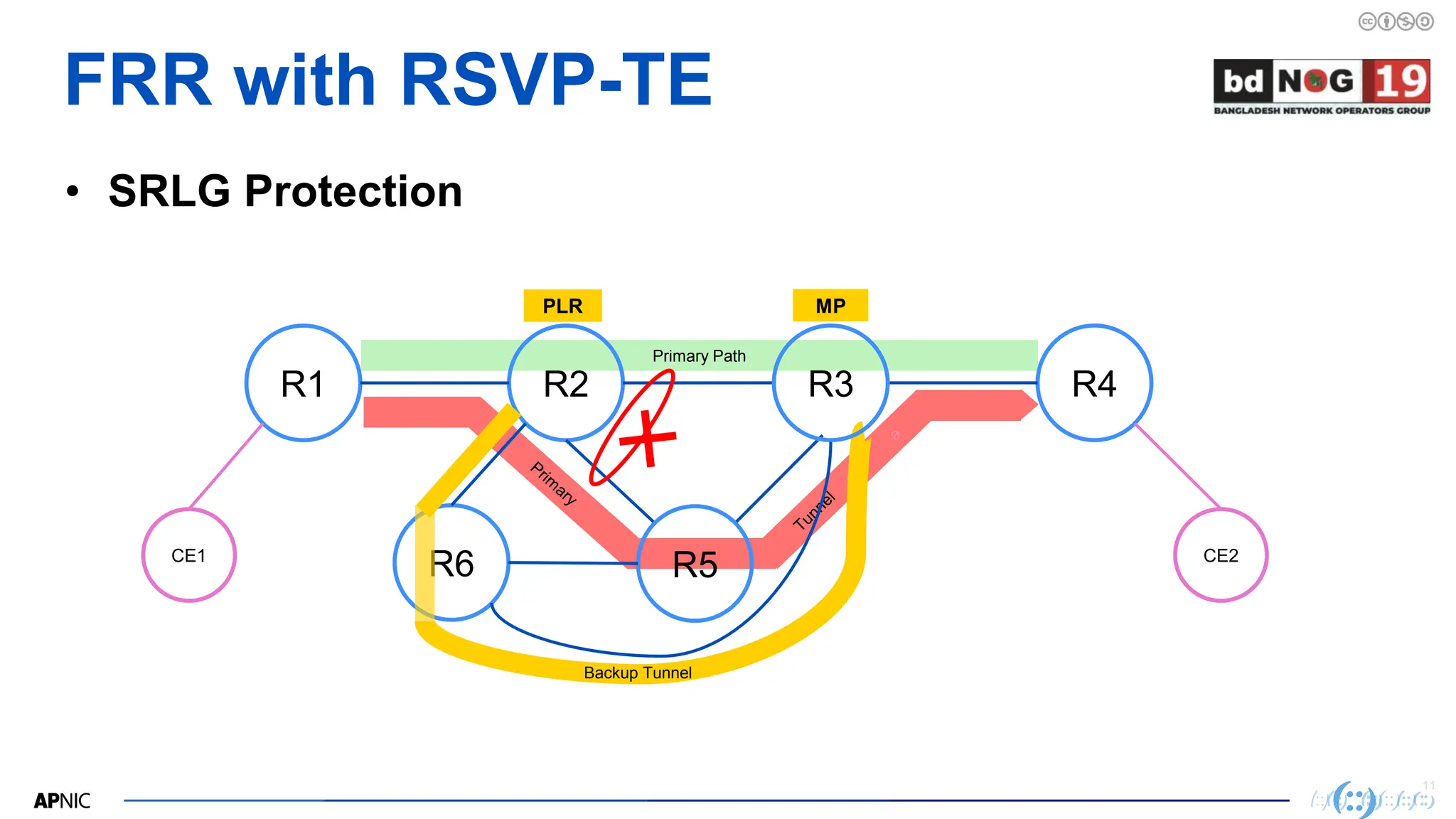 11
11
FRR with RSVP-TE
• SRLG Protection
Primary Path
R1 R2 R4
CE1 CE2
R5
R6
Backup Tunnel
R3
PLR MP
 