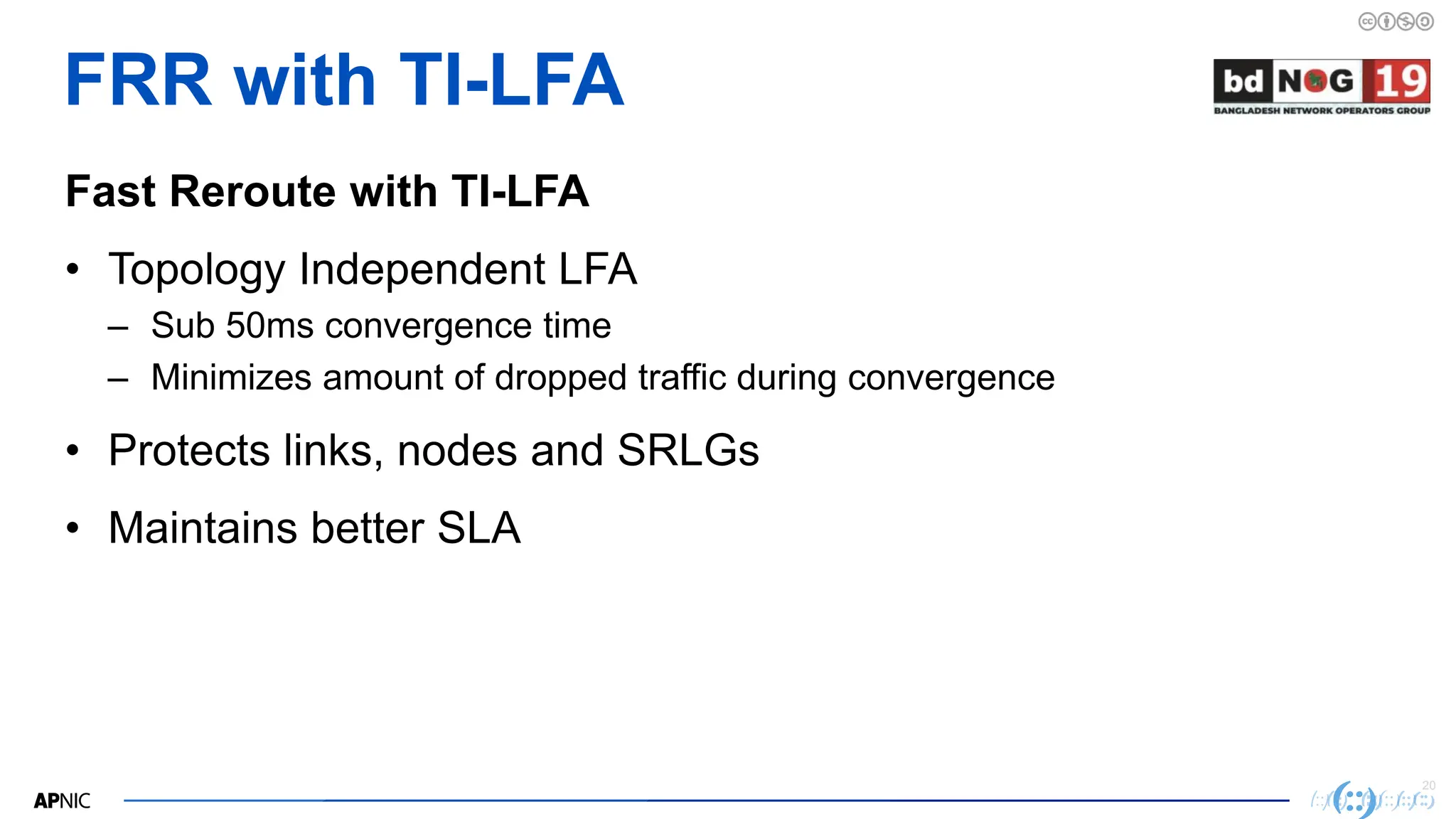 20
20
FRR with TI-LFA
Fast Reroute with TI-LFA
• Topology Independent LFA
– Sub 50ms convergence time
– Minimizes amount of dropped traffic during convergence
• Protects links, nodes and SRLGs
• Maintains better SLA
 