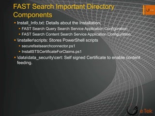 FAST Search Important Directory ComponentsInstall_Info.txt: Details about the Installation. FAST Search Query Search Service Application ConfigurationFAST Search Content Search Service Application Configuration.\installer\scripts: Stores PowerShell scriptssecurefastsearchconnector.ps1InstallSTSCertificateForClaims.ps1\data\data_security\cert: Self signed Certificate to enable content feeding.