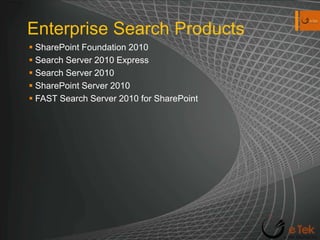 Enterprise Search ProductsSharePoint Foundation 2010Search Server 2010 ExpressSearch Server 2010SharePoint Server 2010FAST Search Server 2010 for SharePoint