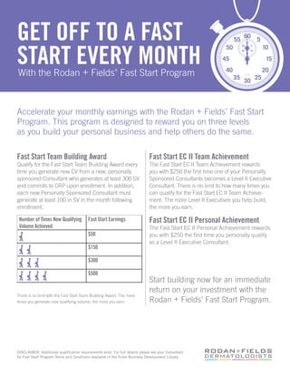 GET OFF TO A FAST
START EVERY MONTH
With the Rodan + Fields Fast Start Program                ®




Accelerate your monthly earnings with the Rodan + Fields Fast Start
                                                                                                               ®




Program. This program is designed to reward you on three levels
as you build your personal business and help others do the same.

Fast Start Team Building Award                                                 Fast Start EC II Team Achievement
Qualify for the Fast Start Team Building Award every                           The Fast Start EC II Team Achievement rewards
time you generate new CV from a new, personally                                you with $250 the first time one of your Personally
sponsored Consultant who generates at least 300 SV                             Sponsored Consultants becomes a Level II Executive
and commits to CRP upon enrollment. In addition,                               Consultant. There is no limit to how many times you
each new Personally Sponsored Consultant must                                  can qualify for the Fast Start EC II Team Achieve-
generate at least 100 in SV in the month following                             ment. The more Level II Executives you help build,
enrollment.                                                                    the more you earn.

 Number of Times New Qualifying           Fast Start Earnings                  Fast Start EC II Personal Achievement
 Volume Achieved                                                               The Fast Start EC II Personal Achievement rewards
                                          $50                                  you with $250 the first time you personally qualify
                                                                               as a Level II Executive Consultant.
                                          $150

                                          $300

                                          $500
                                                                               Start building now for an immediate
                                                                               return on your investment with the
There is no limit with the Fast Start Team Building Award. The more
                                                                               Rodan + Fields Fast Start Program.
                                                                                                       ®

times you generate new qualifying volume, the more you earn.




DISCLAIMER: Additional qualification requirements exist. For full details please ask your Consultant
for Fast Start Program Terms and Conditions available in the Pulse Business Development Library.
 
