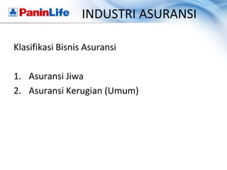 INDUSTRI ASURANSI

Klasifikasi Bisnis Asuransi

1. Asuransi Jiwa
2. Asuransi Kerugian (Umum)
 