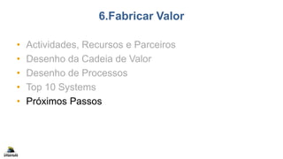 6.Fabricar Valor
• Actividades, Recursos e Parceiros
• Desenho da Cadeia de Valor
• Desenho de Processos
• Top 10 Systems
• Próximos Passos
 